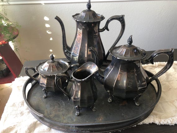 1847 Rogers Bros Magic Rose Pattern #9601  Silverplated Holloware Coffee and Tea Set Needs Polishing!
