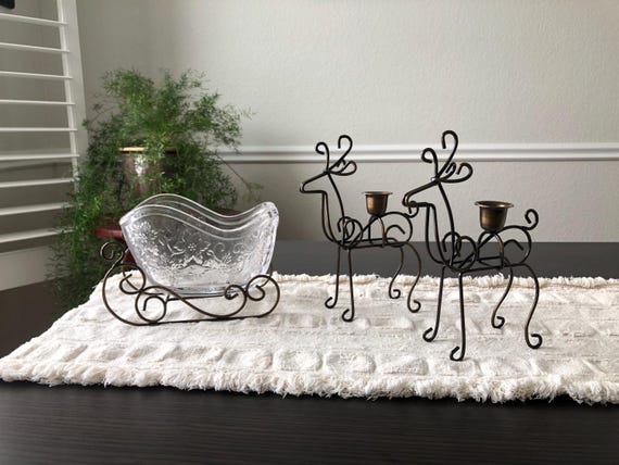 Brass Reindeers and Glass Candleholder Sleigh Design Vintage Christmas Decor Santa's Sleigh Reindeer Candle Holders 1990 Wire Reindeer