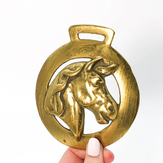 Vintage Horse Brass Pendant Necklace Horse Decor Brass Medallion Art Horse Medallion 1960s Decorations Mid Century Brass Decor Stallion Art
