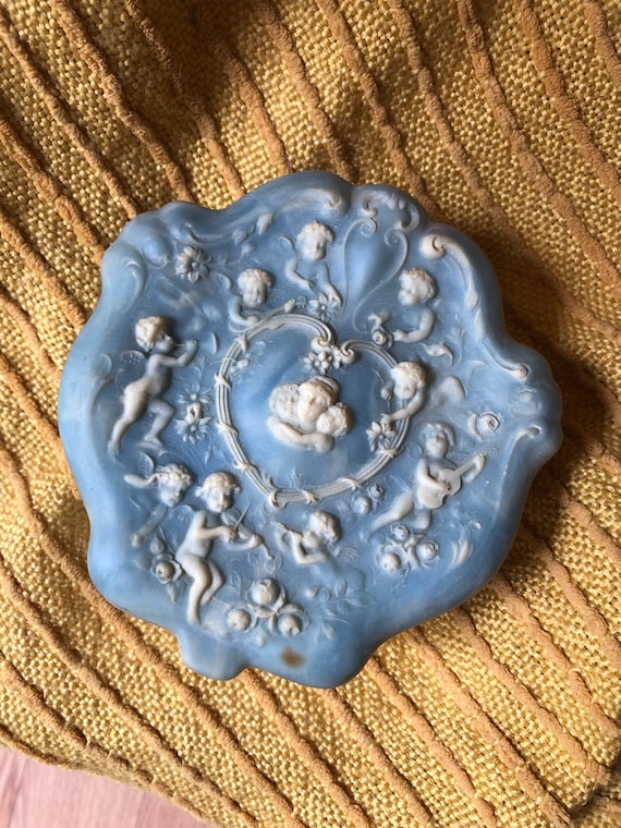 Blue Salloped Incolay Stone Box - Intricate, Angels Pattern, Cherubs, Putties, Fine Details, Handcrafted in the USA, Vintage