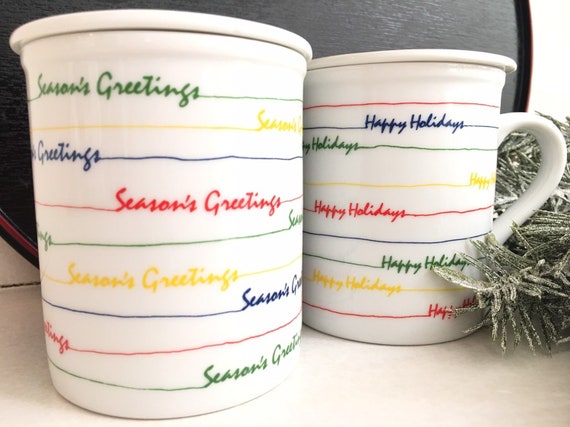 Fabulous Season's Greetings/Happy Holidays Coffee Mugs With Lids, Set of Two, The Toscany Collection Coffee Bar, Ceramic Coffee/Tea Cup