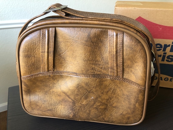 American Tourister Luggage with Original Box Flight Bag Mid Century 1960s Sixties Leather Appearance CarryOn Brown Cardboard