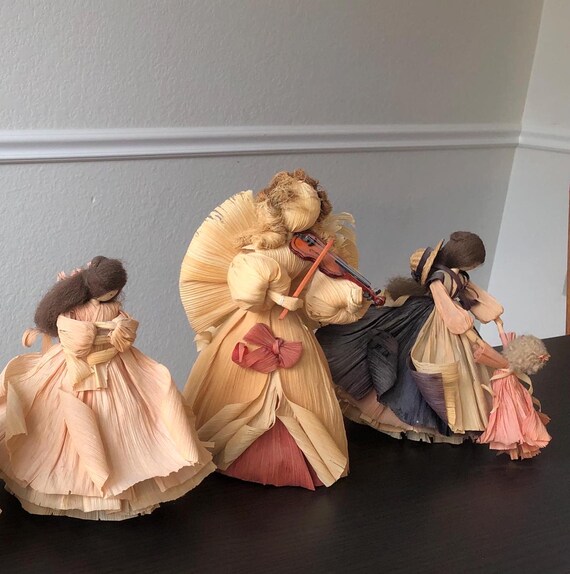 Vintage Corn Husk Doll Collection Sold Individually Flowers in Basket Doll in Veil Holding Baby Violin Arms to Child