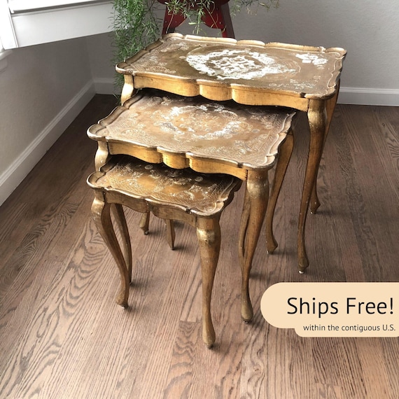 Gold Tables Gold Side Table Gold Finish Bedroom Decor Carved Tables Set of Three Tables Living Room Tables Florentine Nesting Tables