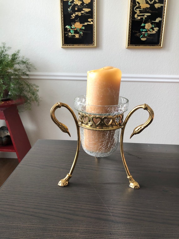Vintage Brass Swan Leg Candle Holder, Heart Design, Crackled Glass, Heart Trim, Rare, One of a Kind, Glass Bowl,MCM,Mid-century, 1980s