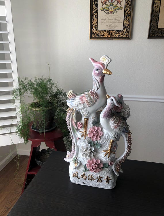 Porcelain Bird Statue Fire Bird Phoenix Statue Chinese Ceramic Statue Floral Bird Art Dehua Statue Wealth Decor  Feng Shui Chinese Decor