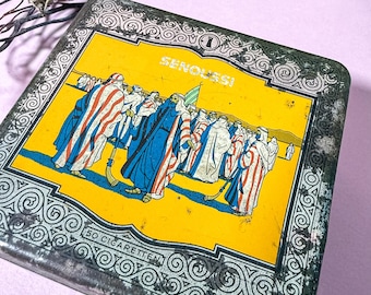 Vintage Metal Cigarette Box Senolassi Tin Figural Lid Graphic Tobacco Storage Case Decor