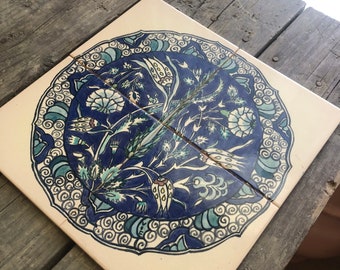 Set of Four Hand Painted Tiles  Art Nouveau Ceramic Mural  Backsplash Decorative Tiles Ornate Natural Vintage Boho Chic
