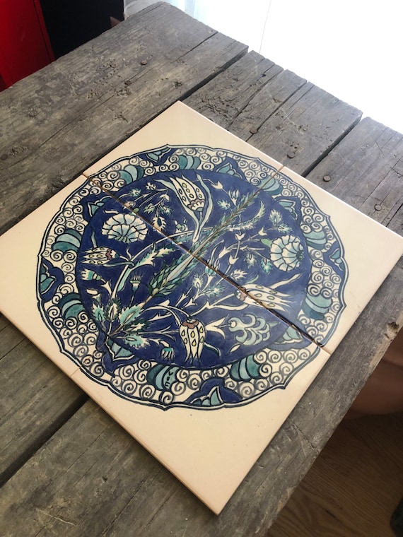 Set of Four Hand Painted Tiles  Art Nouveau Ceramic Mural  Backsplash Decorative Tiles Ornate Natural Vintage Boho Chic