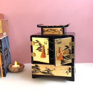 Vintage Jewelry Box Black Wood Box Mini Drawer Japanese Mini Decor Doll Dresser Jewelry Hand Painted Asian Scene Gold Mid-Century Laquer