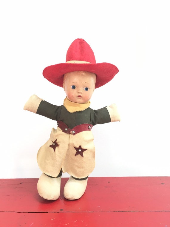 Antique Rattle Cowboy Doll Old Stuffed Doll Soft Body Buddy Lee Style Rare Composite Doll Ride 'em Cowboy Hat 1920s