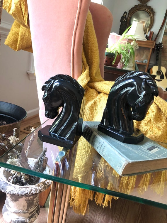 Set of Two Ceramic Horse Bookends, Home Library, Black Horse Bookend, Equine Decor, Horse Decor, Collectible, Book Shelf Decor