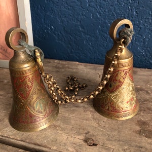 Antique Brass Bells Handmade Brass Indian Decor Hanging Bells Decor Hand Bells Brass Chain Vintage Decor Living Room Set of Two Multicolored