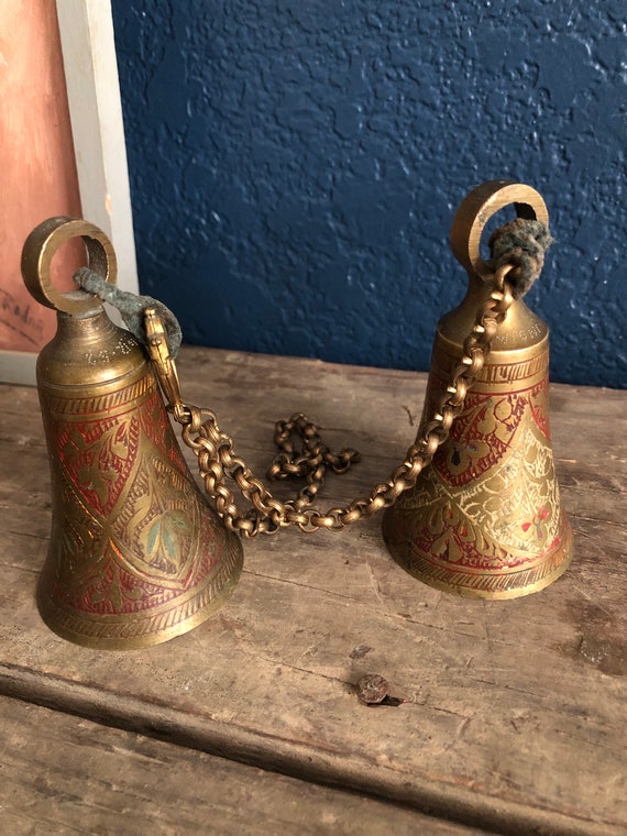 Antique Brass Bells Set of Two Handcrafted Brass Multicolored Indian Hanging Bells Showpiece Bells Hand Bells Brass Chain