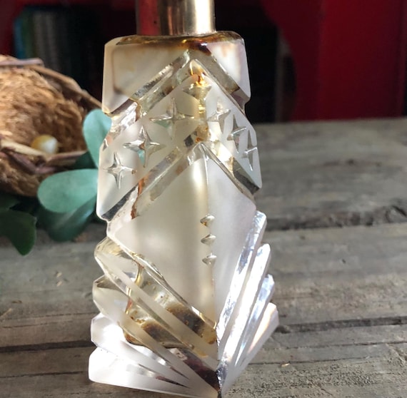 Antique Ornate Jeweled Art Deco Crystal and Silver Perfume Bottle  Czech Glass Elegant Diamond Shaped Unique Clear Cut