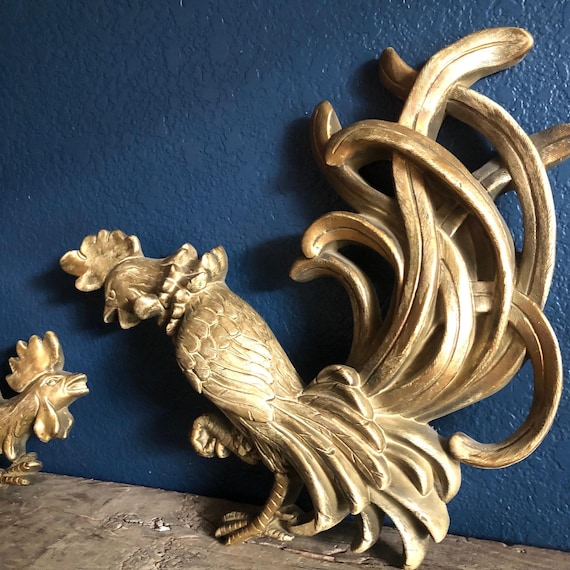 Fighting Rooster Plaques Set of Two Vintage Mid Century Gold Tone Cock Wall Hangings Universal Statuary Co Chicago 1950 Mid Century Wall Art