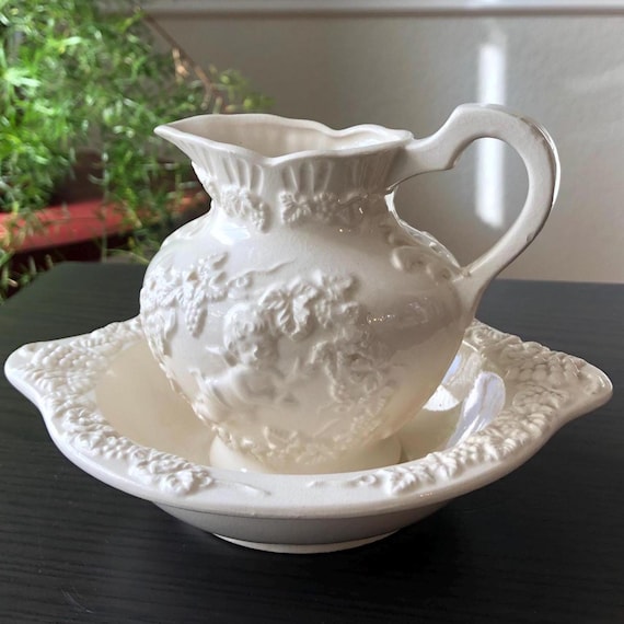 White Ceramic Miniature White Lefton Pitcher and Bowl Renaissance by Lefton Cherubs Grapes Grape Vines 1980s