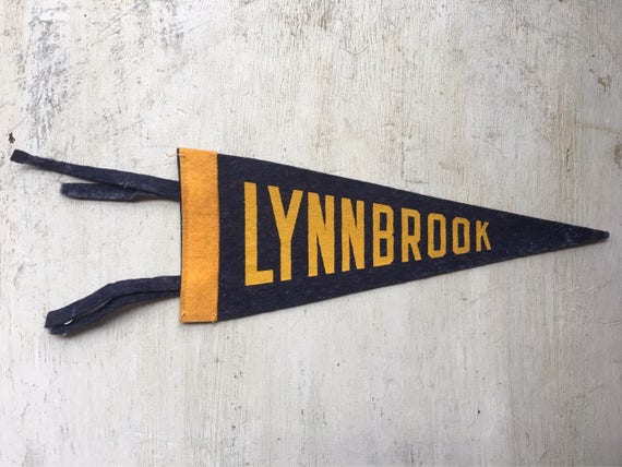 Vintage Lynnbrook Pennant, Souvenir, Felt Banner, 1960s, Dorm Decor, Mid Century, Blue and Yellow