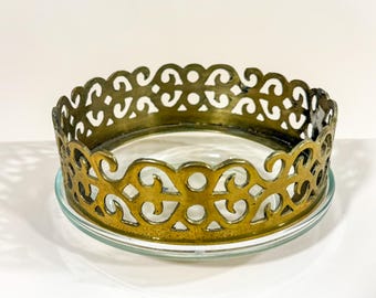 Vintage Brass Candle Holder Pierced Metal Votive with Glass Base Hollywood Regency Decor Scrolled Brass Entryway Decor Ottoman Eclectic