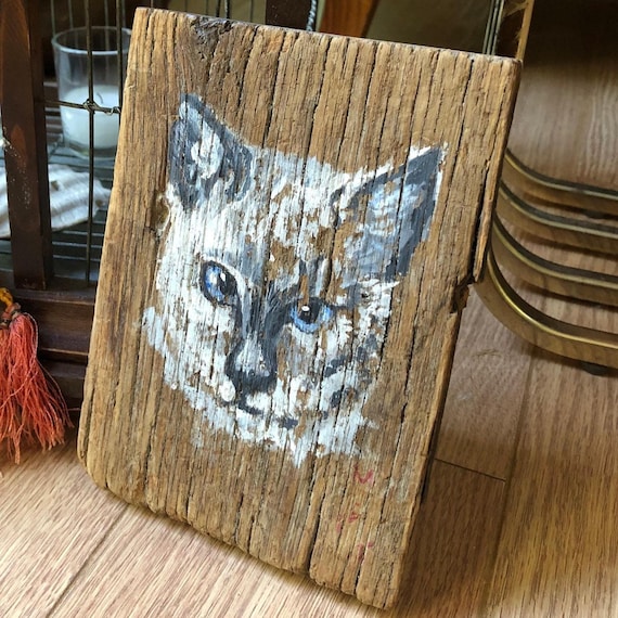 Hand Painted Siamese Cat on Wood Block Signed Vintage Painting Cat Painting Wood Painting