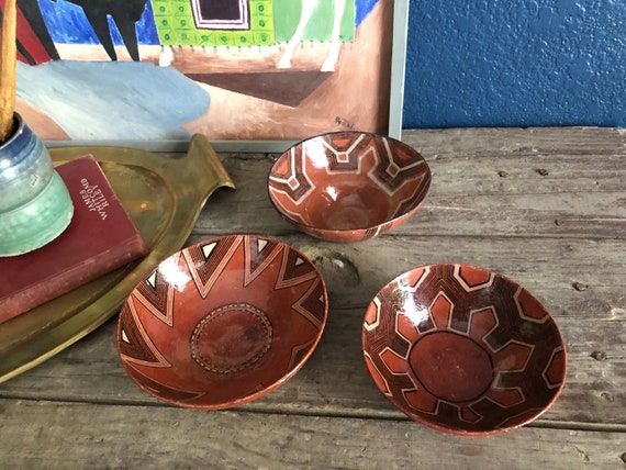 Vintage Thin Walled Handmade Terra Cotta Bowls, Made by Quichua Indians, Amazonian Folk Art