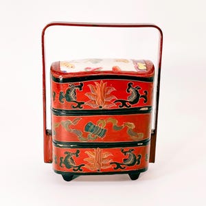 Vintage Asian Jewelry Box Handmade Lunch Box Mid Century Decoration Chinese Jewelry Box Chinese Lunch Box Handpainted Jewelry Box 1950s