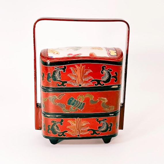 Vintage Asian Jewelry Box Handmade Lunch Box Mid Century Decoration Chinese Jewelry Box Chinese Lunch Box Handpainted Jewelry Box 1950s