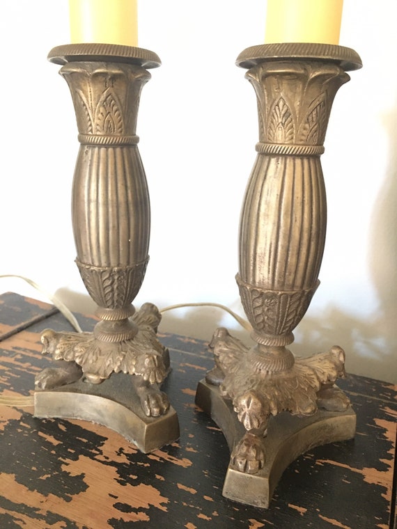 Pair of Hollywood Regency Metal Candlestick Table Lamp with Claw Feet, Mid Century, Mid-Century, Lions Paw Tripod, Elegant