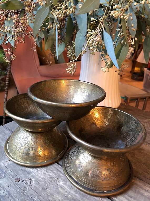Brass Bowls Set of 5 Antique Handcrafted Bowls with Islamic Calligraphy  Religious Bowl Medicinal Bowl Middle Eastern Damascene Cairoware