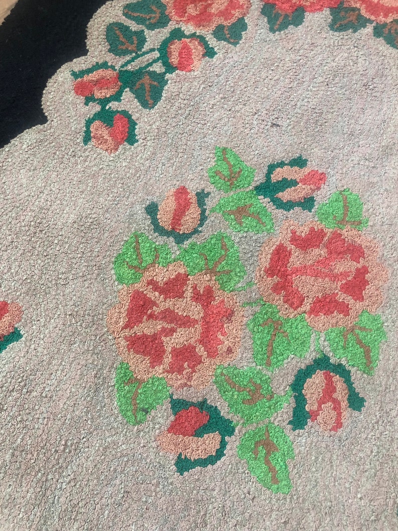 Alfombra antigua con ganchos, decoración rústica, alfombra ovalada floral, alfombras hechas a mano, alfombra negra hecha a mano, decoración rústica para el hogar, alfombra vintage urbana de granja. imagen 5