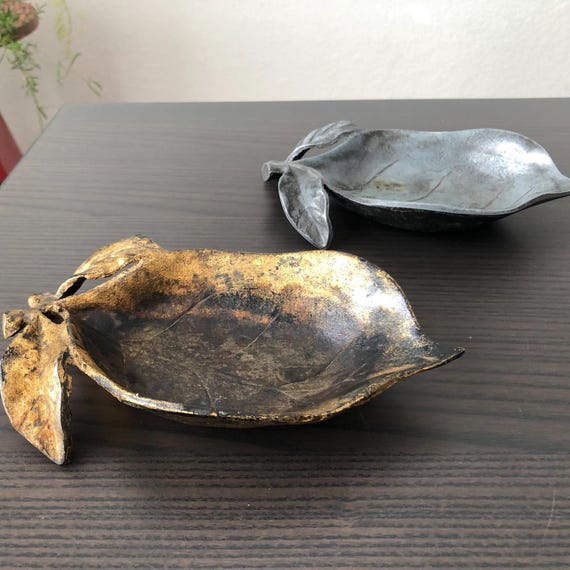 Cast Metal Gold Painted Leaf Bowls Jewelry Catch Set of Two Patina Aged Gold Finish Cast Iron Trinket Catcher 1970s Japan Leaves