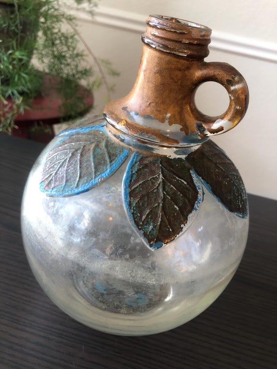 Hand Painted Antique Martinellis Apple Juice Jug Victorian Era 1/2 Gallon Embossed Leaves Antique Cider Bottle 1917