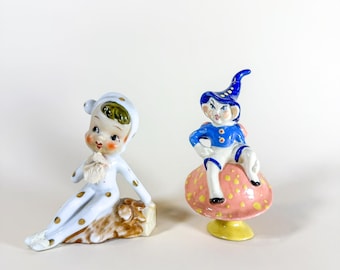Vintage Japanese Pixie Figurines Blue Hat Elf Mushroom Polka Dot Elf Mid Century Japan Ceramic Set of 2