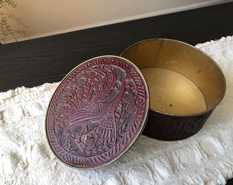 Vintage Dark Red Embossed Faux Leather Covered Round Biscuit Tin, Peacock Tin, Tin Collection
