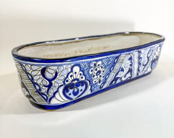 Signed F Torres Talavera Pottery Planter Large Mexican Ceramic Planter Blue White Window Box Herb Planter