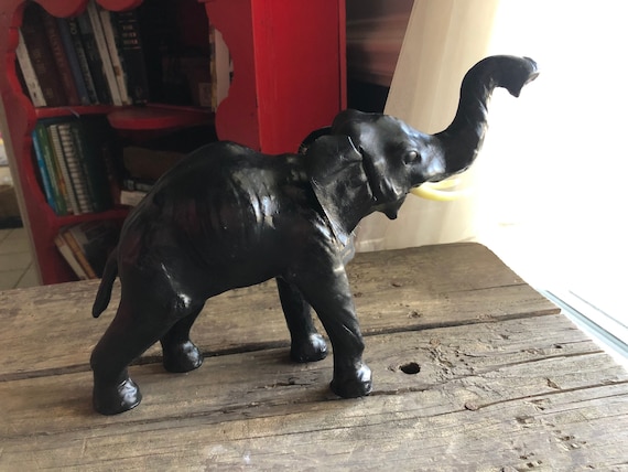 Stylish 11" Tall Black Leather Elephant with Raised Trunk - Papier Mache,  1970s, Seventies, Made in India Tag, Good Luck, Lucky