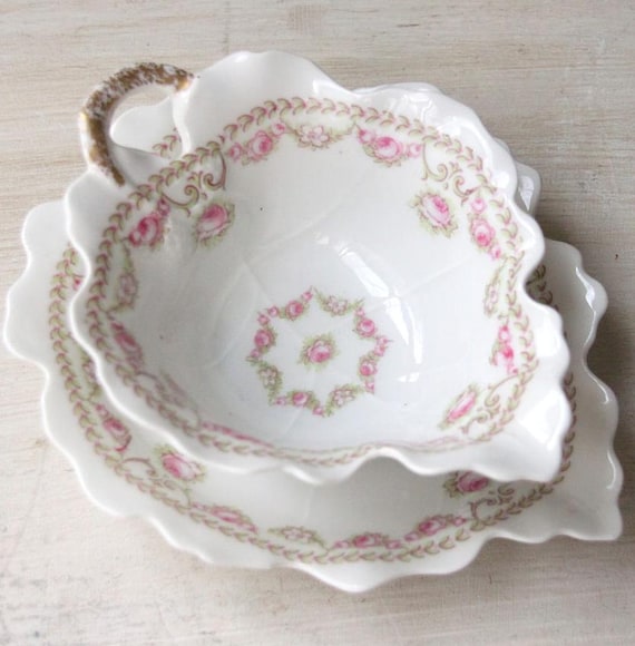 Fine Porcelain Bowl Antique French Decor Victorian Bowl Leaf Raised Bowl Vintage Rose Decor Pink Floral Decor Bawo and Dotter Set 1900s