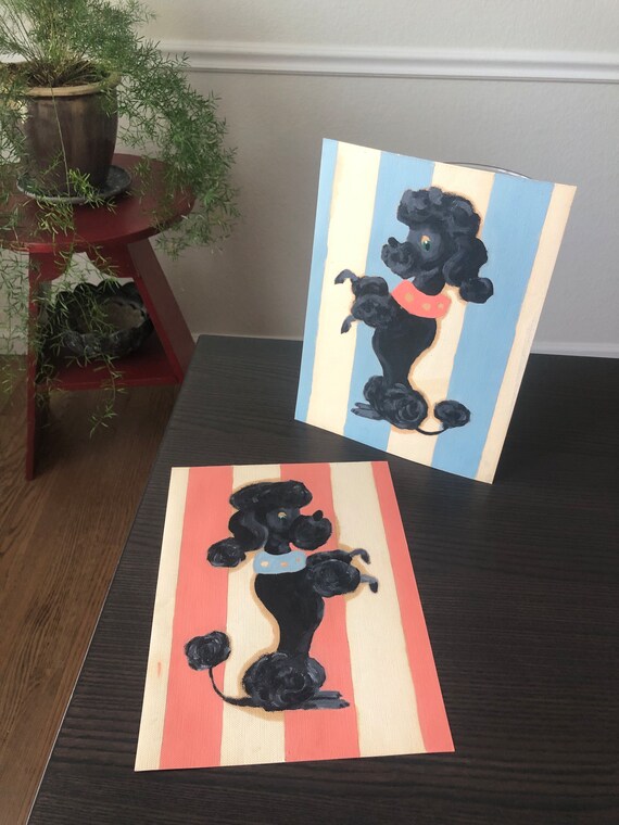 Poodle Paintings Black Poodle Set of Two Blue Leash Pink and White Stripes Pink Baby Nursery Matching Vintage Paintings