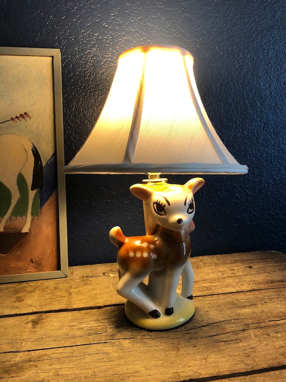 Vintage Glazed Deer Fawn Nursery Lamp, Bambi, Ceramic, Table Lamp, Walt Disney Style, Japan, Wide Eyed, Doe Eye, 1950s, Fifties