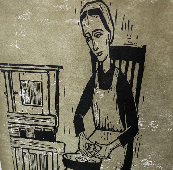 Woodcut Print Linocut Art Mid Century Decoration Rustic Folk Art Minimalist Decor Nostalgia 1965 "Time for Schnitz" Constantine Kermes 1960s