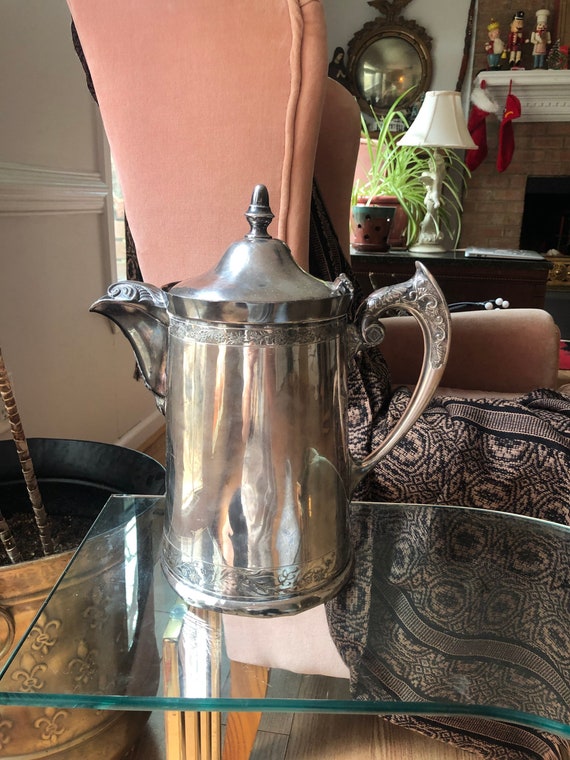 Antique Silver Plated Quadruple Hot Water Pitcher With Hinged 