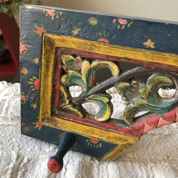 Handpainted Art Wood Towel Rack Hooks Carved Wood Wall Art Folk Art Wood Towel Holder Rack Hooks Vintage Towel Rack Blue Yellow Folk Art
