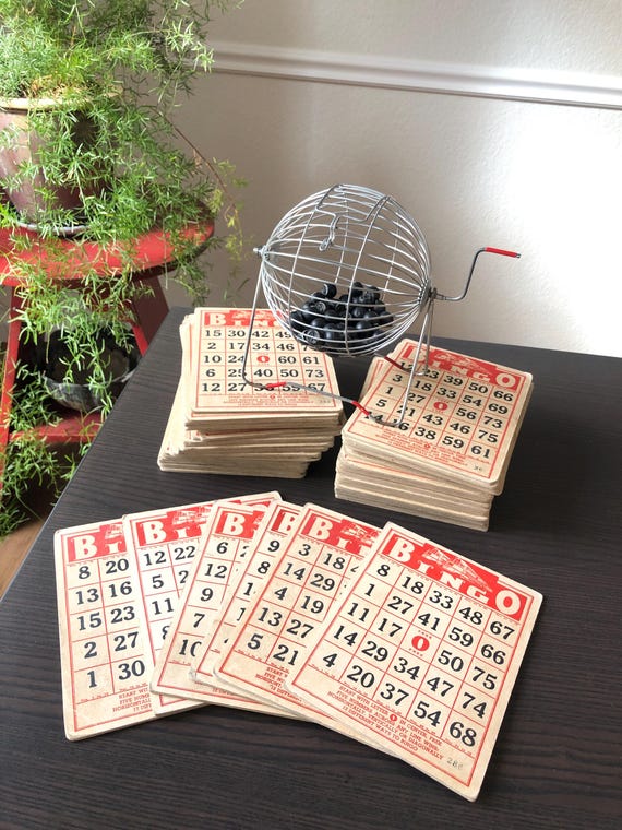 Vintage Bingo Set Midcentury Decor Vintage Bingo Cards Bingo Boards Bingo Balls Japanese Metal Bingo Cage Black Bingo Balls Red Bingo Cards