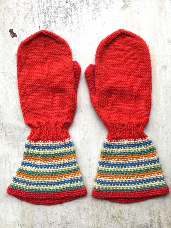 Vintage Hand Knit Mittens, Red with Multi-Color Striped Accents, Adult Mittens, Vintage Winter Mittens, Knit Gloves, Mid Century Fashion