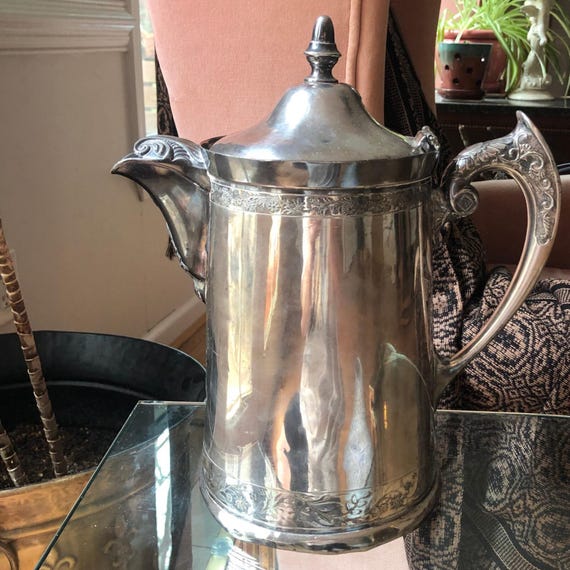Antique Silver Plated Quadruple Hot Water Pitcher with Hinged Lid by WM Rogers Manufacturing Company  1890s Engravings Numbered