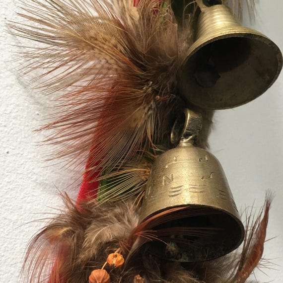 Collection of Brass Sarna Bells on Velvet Ribbon with Feathers Traditional Christmas Antique Holiday Decor Gift for Her Bells on Ribbon