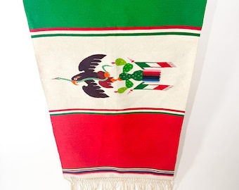 Vintage Handwoven Wool Mexican Flag Serape Blanket Eagle Throw Saltillo Style Woven Fringe Rustic Ranch Decor Wall Hanging
