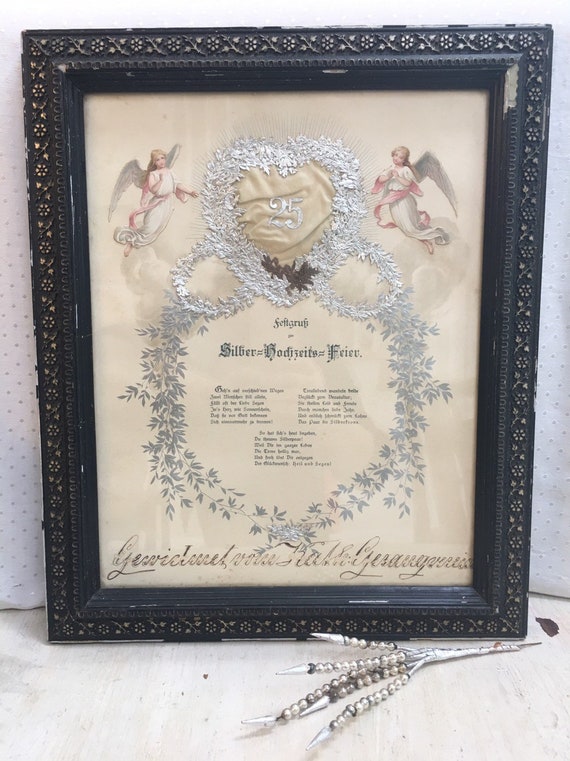 Antique German 25th Wedding Anniversary Lithograph - Silver Anniversary, Silber, Silver Wreath, Silver Heart, Poetry