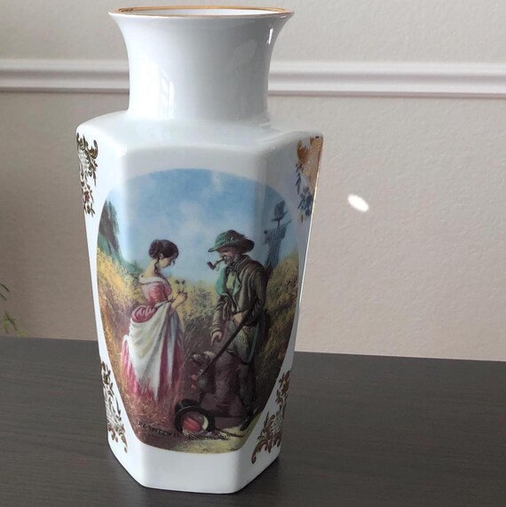 Bavarian Vase Carl Spitzweg Vintage Jaegar Porcelain Vase Gold Leaf German 10-Inch Collectible Vase Artistic Home Decor Accent Unique Now