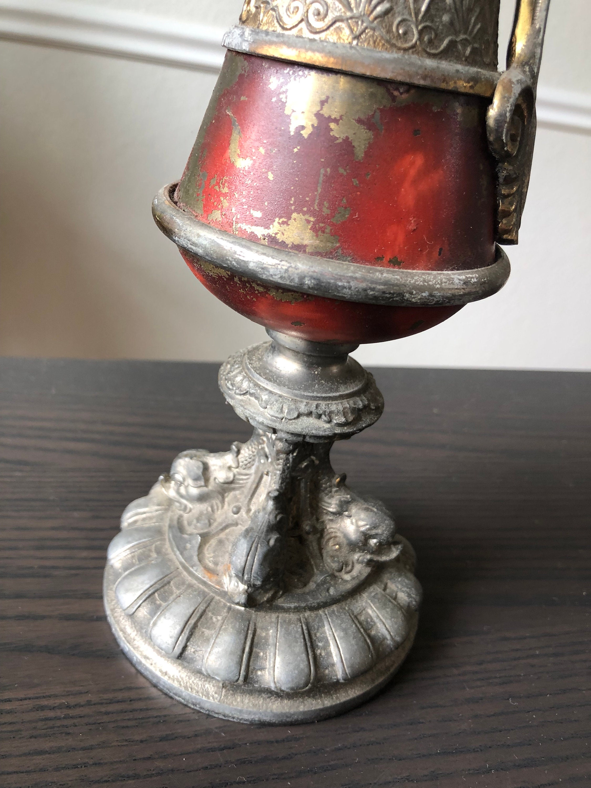 Antique Victorian Style Urn Ewer Vase Unique Vase Chippy Red Silver ...